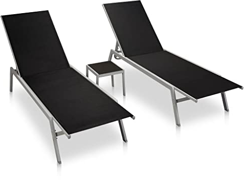 MOONAIRY Sonnenliegen 2 STK. mit Tisch, Gartenliege, Strandliege, Relaxliege Garten, Saunaliege, Campingliege, Poolliege, Liege Garten,Stahl und Textilene Schwarz