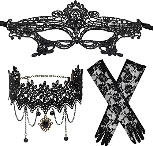 JewelryWe Schmuck 4 PCS Maske Halskette Handschuhe Set Schwarz Sexy Venezianische Spitze Augenmaske Choker Kette Halsband Fingerhandschuhe Damen Maskerade Kostüm für Halloween Karneval Party Cosplay
