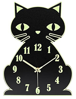 Topkey Orologio da parete luminoso senza ticchettio, silenzioso, con motivo animale, per bambini, funzionamento a batteria (non incluso), gatto nero carino