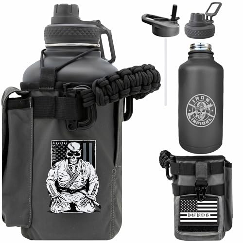 Iron Infidel Battle Bottle - Half Gallon Insulated Stainless Steel Jug With Handle - 64 oz Gym Bottle for Men With Rugged Sleeve (Earned, Not Given 2 Liter)