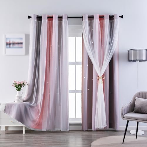 indistar Verdunkelungsvorhänge für Mädchen, Kinderzimmer, doppellagig, Sternausschnitt, Farbverlauf, gestreift, 1 Vorhang (Rosa/Grau, B 132 x L 160 cm)