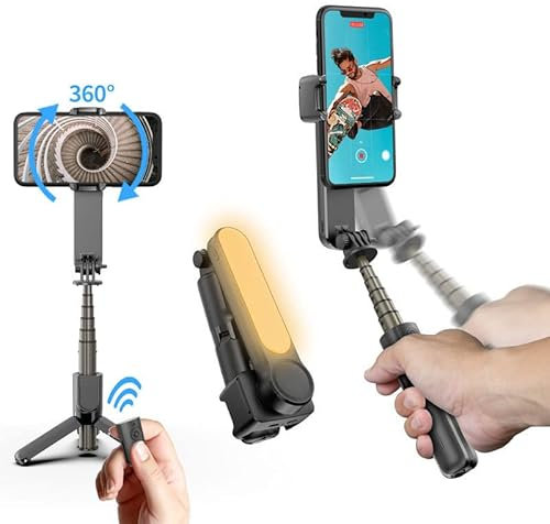 REQO 1 Axe Gimbal Stabilisateur Smartphone,Perche à Selfie TréPied avec TéLéCommande sans Fil, Supportportable en Aluminium Monobloc pour Youtube, VidéO en Direct,Compatible avec Iphone/Android