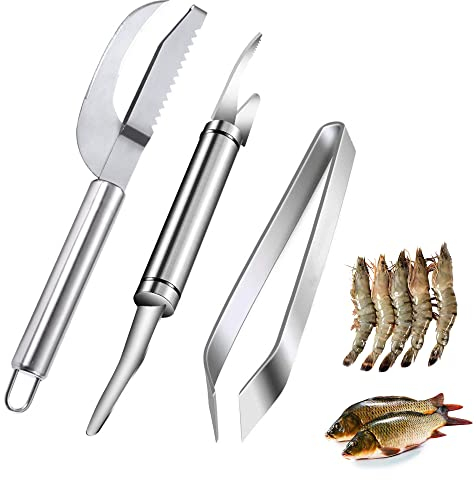 LONGHAO 3 pcs Shrimp Deveiner Werkzeug,Fischschuppenschaber Edelstahl,5 In 1 Multifunctional Shrimp Line Fish Maw Knife,Fischschuppen Entferner Set,Fischpinzette Knochenclip,Geeignet Für Fisch
