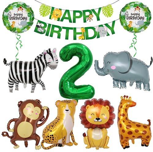 Dschungel Deko 2 Geburtstag, Dschungel Geburtstagsdeko 2 Jahr, Safari Tiere Folienballon 2, 10 Stück Safari Waldtiere Luftballon Geburtstag 2, Dekoration Kindergeburtstag Deko Mädchen Junge