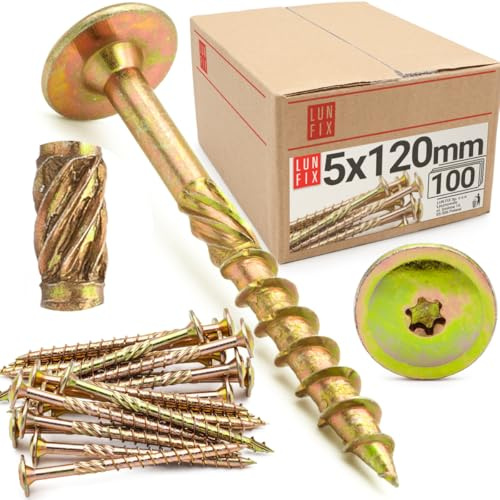 Lun Fix Tellerkopfschrauben 5x120 100 Stk TX40 Torx Fräsrippen | Gelb Verzinkt Holzschrauben Terrassenschrauben Spanplattenschrauben Selbstschneidende Schrauben
