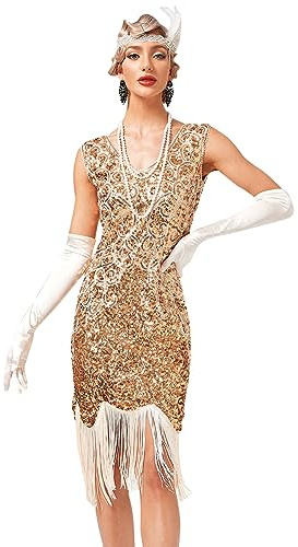 FYMNSI Damen 1920er Jahre V-Ausschnitt Pailletten Fransen Kleid Flapper Charleston Kleider Cocktailkleid Partykleid Gatsby Pailletten Quasten Abendkleid 20er Jahre Kost?m Abschlussballkleid Gold XS