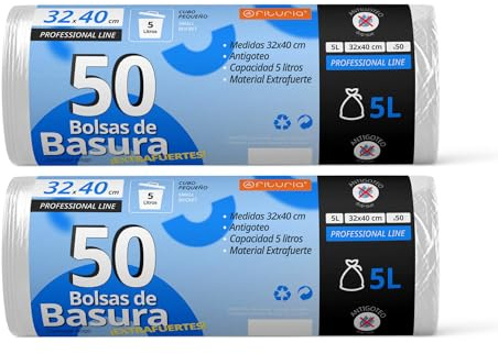 Bolsas de Basura, Bolsa Basura Resistente para Cubos Basura 5L, Antigoteo, Bolsas Ideales para Papelera de Baño, Oficina o Cocina, Apta Todo Tipo de Desechos, 32x40 cm - Ofituria (100 bolsas, 5L)