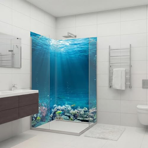dedeco Eck-Duschrückwand wasserfest Motiv: Ozean V9, 2 x 100x200 cm, als Badrückwand zum Fliesenersatz, als Dekorwand, Wandverkleidung und Duschplatte aus Aluminium - Made in Germany