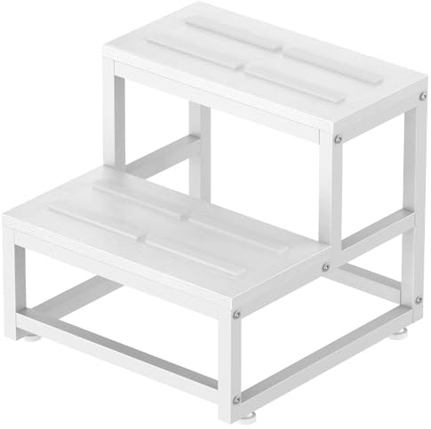 LIANTRAL Tritthocker für Erwachsene und Kinder, 2-Stufen-Hocker, Heavy Duty Stahl und Stabiler hölzerner Hocker, Tragfähigkeit bis zu 200KG, Tritthocker für Bett, Küche, Bad, Weiß