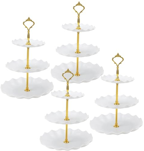 DAKFOOK Lot de 4 présentoirs à gâteaux à 3 niveaux en plastique blanc pour décoration de fête d'anniversaire, de mariage