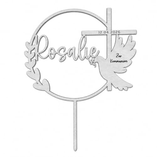 Birdart Box® Taufe, Konfirmation, Kommunion Tortenstecker mit Namen – personalisierter Tortenstecker aus umweltfreundlichem Holz, stabiler Cake Topper 15cm Durchmesser (Silber)