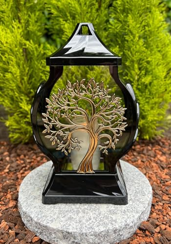 Lanterne funéraire avec motif arbre - 29,5 cm de hauteur - Couleur or - Bougie funéraire - Lanterne funéraire - Lanterne de jardin avec bougie