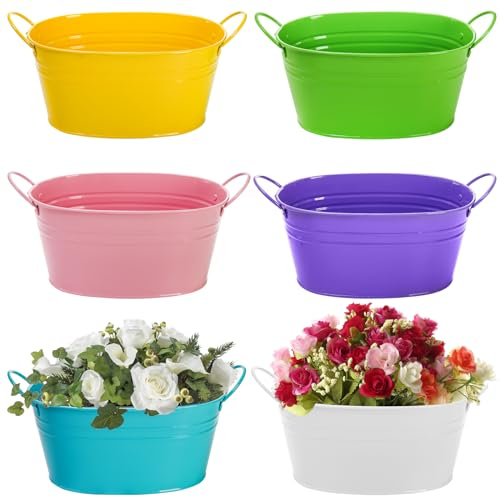 Foraineam Metal Flower Planter Pots Oval Plant Pot Holders with Handles, Floral Arrangement Bucket Tubs, Garden Succulent Cactus Container for Indoor Outdoor Wedding Party Events Decor, 6 Colors