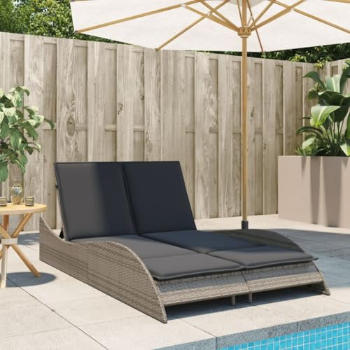 Homgoday Sonnenliege mit Auflagen Gartenliege Relaxliege Doppelliege Strandliege Liegestuhl Liege Gartenmöbel mit 3-Fach verstellbare Rückenlehne Grau 114x205x73 cm Poly Rattan