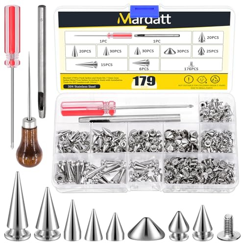 Mardatt 179 Stück 8 Größe Punk kegelspikes Kit, Kegel Spikes Punk Nieten Screwback Studs Metall Baum Spikes Studs für Punk-Stil Kleidung Zubehör Leder DIY Craft Dekoration, Silber