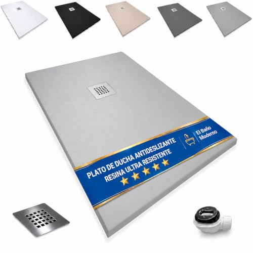 EL BAÑO MODERNO Plato Ducha 70x160CM Antideslizante Antibacteriano | Resina Resistente a Agentes Químicos · Incluye Rejilla Desagüe Ducha · Válvula Sifón · Ral 7030 Cemento