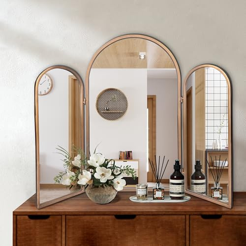 BAODANFU 3-Wege-Spiegel für Badezimmer, dreifach gefaltet, Kosmetikspiegel für Badezimmer, Schlafzimmer, großer Bogenspiegel, dekorativ, Vintage, Gold, Verstellbarer Make-up-Spiegel zum Flechten von
