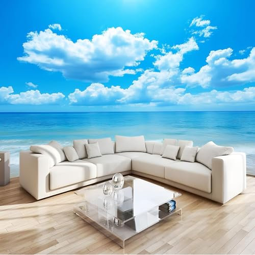 Blu Carta da Parati Cielo azzurro, nuvole bianche e mare Fotomurali HD Stampa Non Tessuto d'arte Moderna Poster Soggiorno Camera Ufficio TV Decorazione di sfondo Murale 300x210 cm