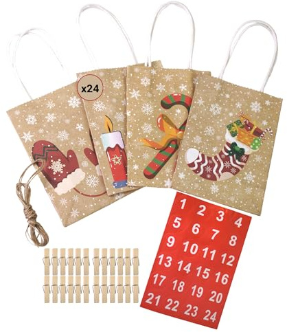 24 Geschenktüten aus Kraftpapier für Adventskalender – inkl. Sticker 1-24, 3m Paketschnur, 24 Holzklammern (35x7mm), 2 Designs – Perfekt für Weihnachten & Geschenke