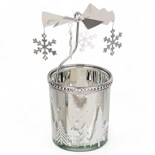Teelichthalter rotierend Teelicht-Karussell Weihnachten Kerzenhalter aus Metall, rotierender Teelichtleuchter Mini-Pyramide 12cm (Silber - Votivglas & Schneeflocke)