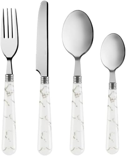 JYZ 16-Piece Marble Cutlery Set | Stainless Steel Flatware Set with Elegant Marble Handles | Dishwasher Safe Silverware for Home & Special Occasions | 4 Dinner Forks, 4 Knives, 4 Spoons, 4 Teaspoons