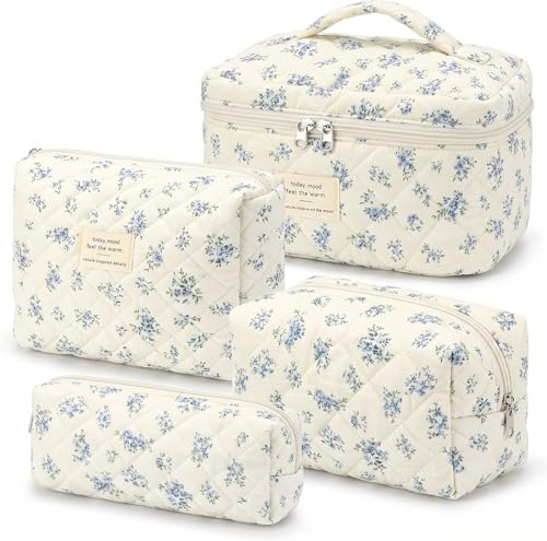 4er Set Kosmetiktasche Blumen MäDchen,Kulturtasche Damen,Gesteppte Make Up Tasche,Baumwolle Kulturbeutel Set,Coquette Make Up Bag Aesthetic Stuff Clean Girl,Cosmetic Bag