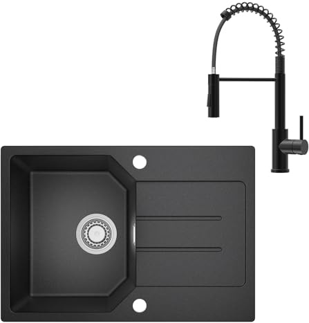 ANYCEE 65x45 cm Fregadero Granito con Grifo, Fregadero Negro 1 Seno con Escurridor para Armario bajo de Más de 40cm | Lavabo de cocina negro con escurridor, para mueble de base de más de 40 cm, con sifón y desagüe