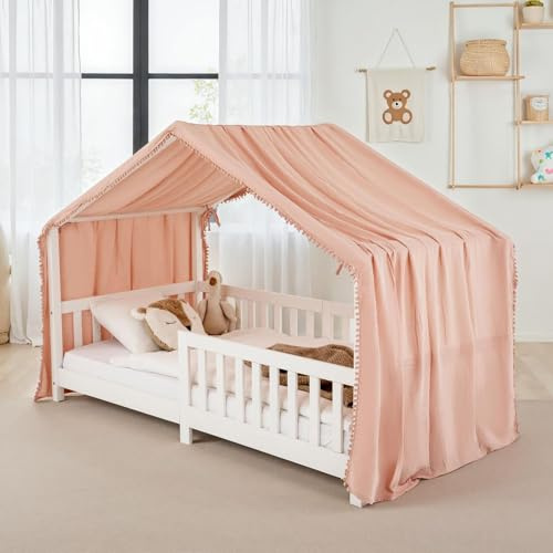 IDIMEX Hausbett-Vorhang LIAN 1 Stück, Rosa – aus doppellagigem Musselin mit Pompons an den Seiten, 6 Schlaufen zum Befestigen, Bett Deko für Kinderzimmer, weich & atmungsaktiv