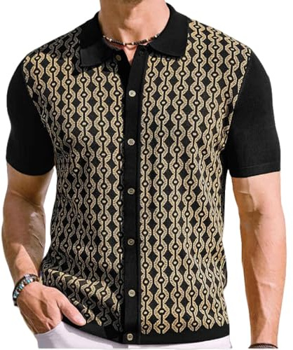 Polo a Rayas para Hombre, Transpirable, de Punto, Estilo Vintage, Camisa de Manga Corta con Botones 2025 (7,XXL)