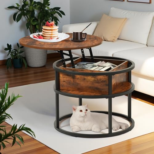 FURNITABLE Couchtisch Rund mit Hebeplatte,Beistelltisch Höhenverstellbar mit Stauraum 60x60x48cm-62cm,Klein Wohnzimmertisch Kaffeetisch