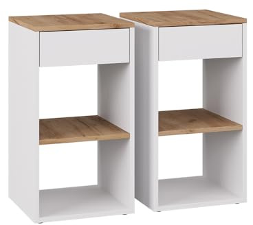 Vicco Nachttisch Dany Weiß/Goldkraft Eiche | 2er Set, zur Aufbewahrung von Büchern und Zeitschriften geeignet