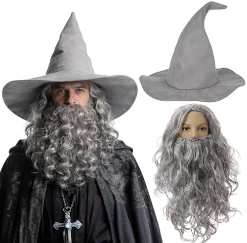 Zauberer Hexenhut mit Herren Perücke Bart - Grau Zauberer Hut mit Lang Perücke & Bart für Erwachsene, Zauberer Kostüm Herren Lustig für Opa Magier Prophet Wikinger Alter Cospaly für Karneval Fasching