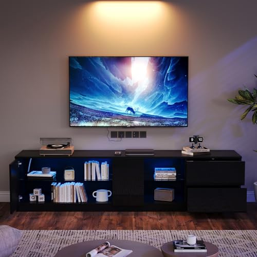 EURHCIO Meuble TV 160x40x52cm,Meuble Tele Brillant avec éclairage LED Réglable,2 Tiroirs,2 étagères en Verre,pour Téléviseurs de Moins 65 Pouces(C-Noir, A)