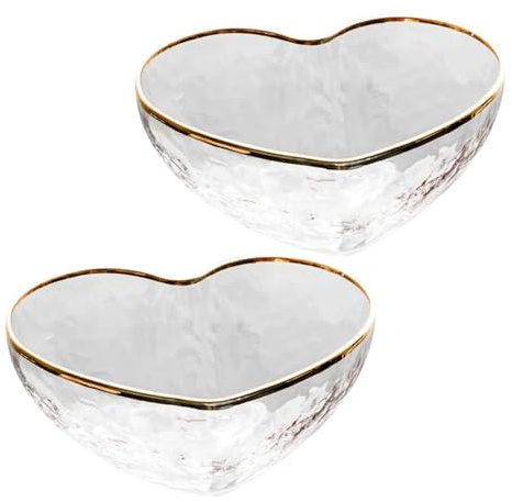 VICASKY Lot de 2 Bols à Dessert en Verre Transparent de Cœur, Petits, Bord Doré, Ustensiles Cuisine Multifonctions pour Salades, Fruits et Pudding, Vaisselle Élégante pour Maison