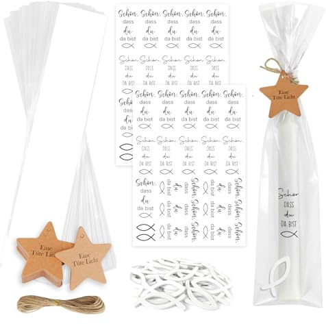 50 Kerzenbeutel mit 10 Metern Hanfseil und 50 Holzfischen 2 Kerzen Sticker, OPP Cellophantüten für Taufe Geburtstag und Hochzeit Geschenke Kerze