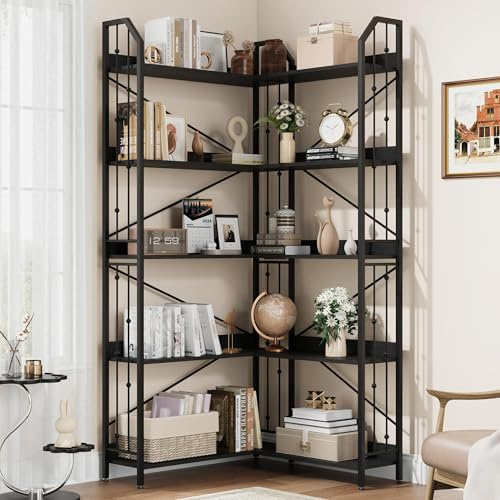 Niwugady Bücherregal 5 Ebenen, Eckregal 183cm Hoch, Standregal aus Holz mit Metallrahmen, L-Förmiges Offenes Regal, Aufbewahrungsregal für Arbeitszimmer, Büro, Wohnzimmer, Schlafzimmer, Schwarz