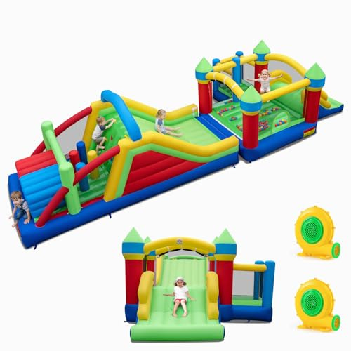 COSTWAY 6 en 1 Castillo Inflable con Toboganes Dobles y Casa de Salto, Castillo Hinchable para Niños con Área de Rebote, Escalada y Bolas Oceánicas, Insuflavel Criança Exteriores (con 2 soplador)