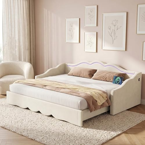 Xwiny Sofabett 90x200 cm mit LED-Beleuchtung und Dehnungsmechanismus, Ausziehbett mit USB- und Typ-C-Anschlüsse, Daybett, Multifunktionsbett, Beige(Ohne Matratze)
