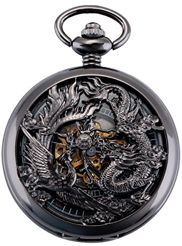 ManChDa Antique Mécanique Montre de Poche Chanceux Dragon & Phoenix (Meilleurs voeux) Cadran Squelette avec chaîne pour Les Hommes Femmes + Coffret