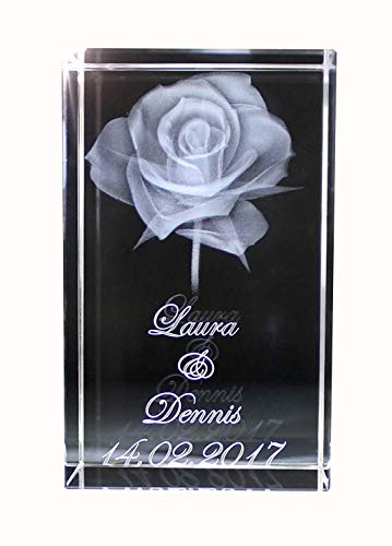 VIP-LASER 3D Glas Kristall Quader XL Rose mit Zwei Wunschnamen + Datum im Hochformat Weihnachten!, Beleuchtung:kein Leuchtsockel