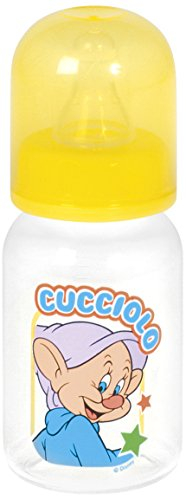 LULABI DISNEY 7 ENANOS Biberón de plástico resistente con la imagen de Mudito de Blanca Nieves, tetina suave, botella para bebés y niños pequeños, sin BPA, Capacidad 120 CC, Amarilla/Transparente