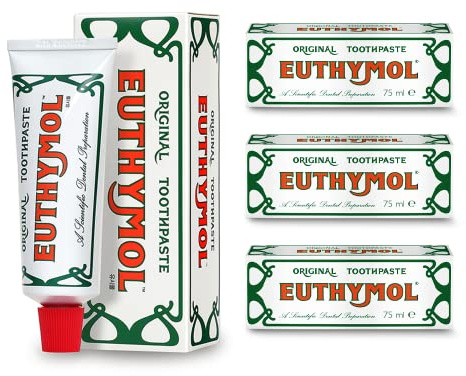 Euthymol Original Tandkräm 75 ml x 3, fluorfri tandkräm, antiplack, antibakteriell, skydd mot karies, frisk mintsmak, daglig munvård, rengöring för tänder och tandkött.