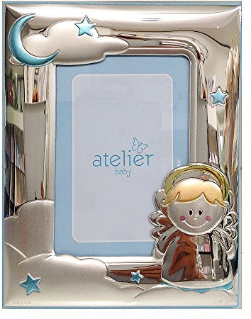 Athelier - Marco de bebé con diseño de ángel y madera, plata bilaminada (13 x 18 cm), color azul claro