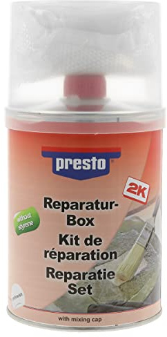 Presto 443848 Reparaturbox styrolfrei 1000 g | Hohe Elastizität & gute Haftung – beständig gegen Säuren, Laugen, Lösemittel & Tausalze, leicht schleifbar