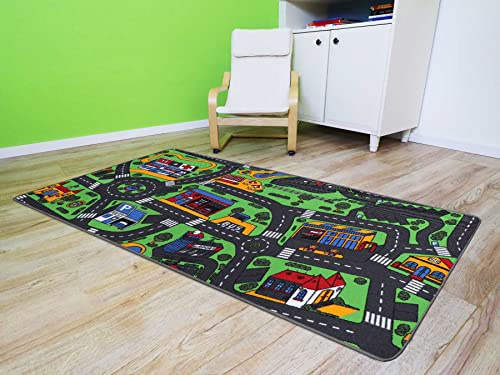 Primaflor Kinderteppich Stadt Straßenteppich - 95 x 200 cm Kindermatte, Teppich mit Kreisverkehr und Straßen