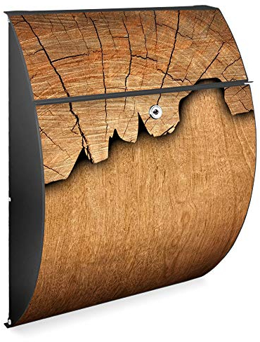 banjado Design Briefkasten - Modell Riviera 46x33,5x13cm groß - verzinkter Stahl anthrazit - Postkasten Öffnungsstopp großer A4 Einwurf Zylinderschloss 2 Schlüssel - Motiv Holz
