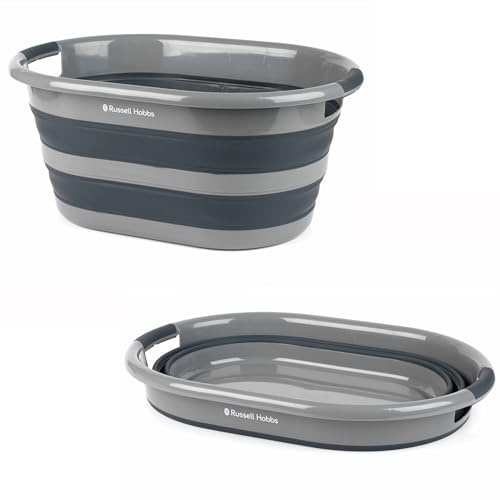 Russell Hobbs Collapsible Laundry Basket 27 L, Foldable Oval Hamper, Grey