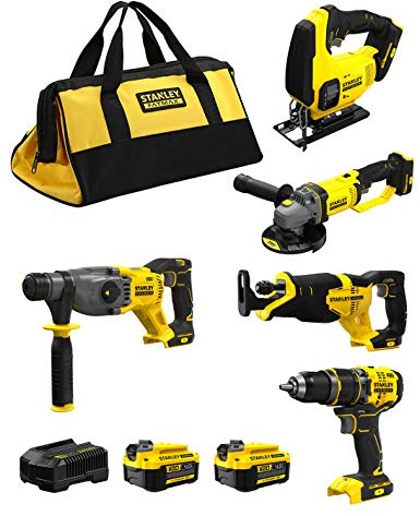 STANLEY FatMax Kit SVK20524B (Taladro Percutor SFMCD721 + Martillo SFMCH900 + Sierra de Calar SFMCS600 + Mini-Amoladora SFMCG400 + Sierra Sable SFMCS300 + 2 Baterías de 4,0 Ah + Cargador + Bolsa XL)