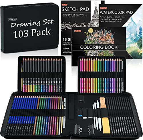 Shuttle Art 103 Pack Sketching and Drawing Set, Sketch Books, Graphite and Colouring Pencils in Sturdy Zipper Case, Art Supplies for Artists, Beginners, Adults