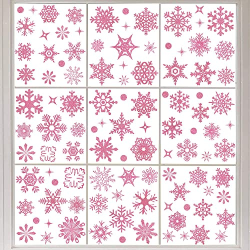Fensterdeko Schneeflocken, 93 Glitzer Rosa Schneeflocke Abnehmbare Wiederverwendbare Statisch Haftende PVC Aufkleber, weihnachtsdeko für fensterschmuck weihnachten,Türen, Schaufenster